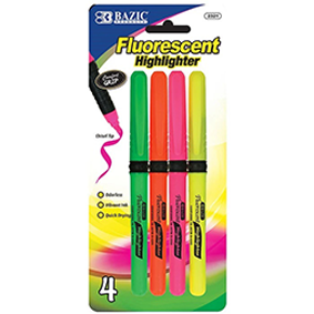 Pen Style Fluorescent Highlighters w/ Cushion Grip (4/Pack