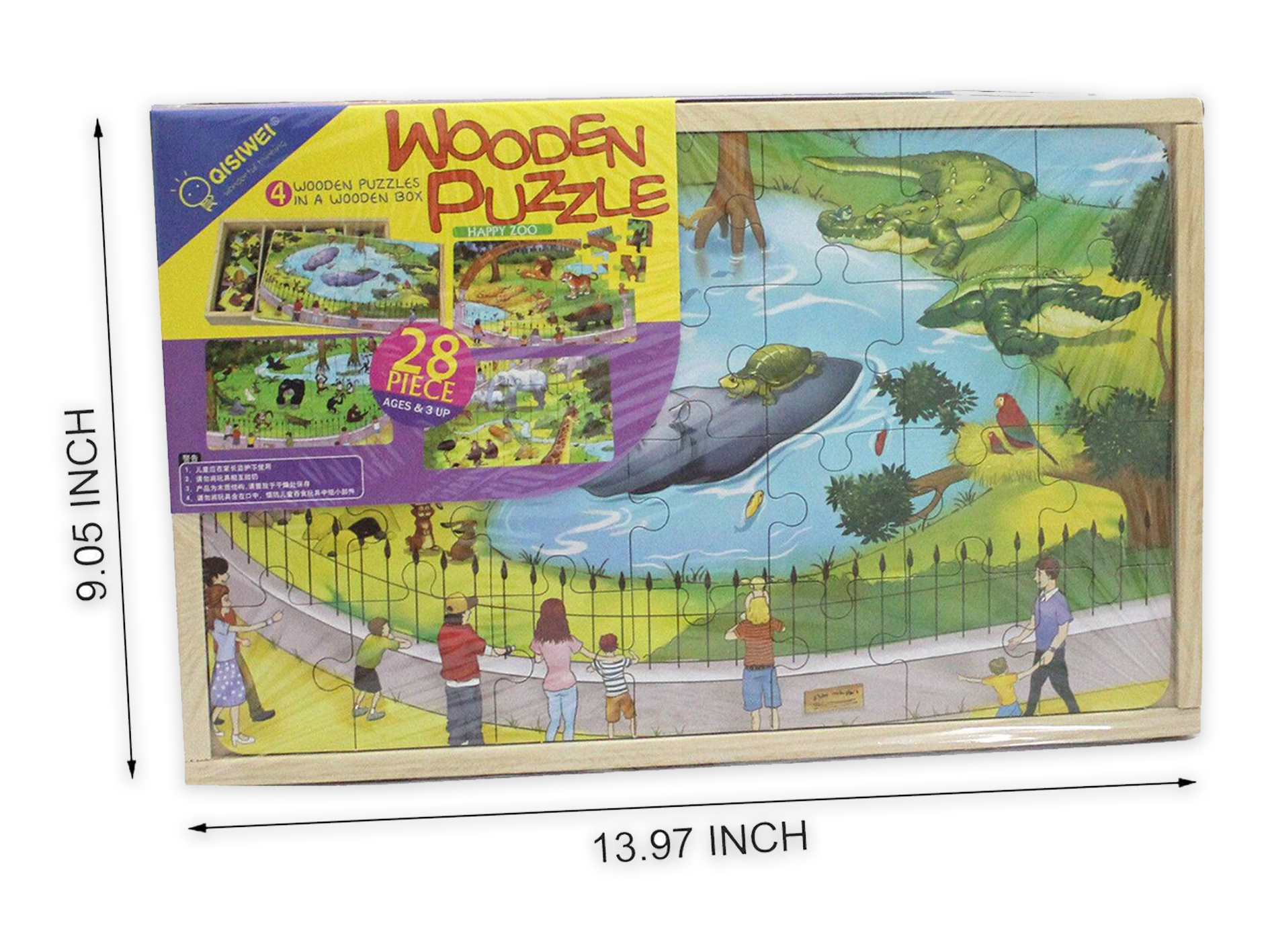 4-in-1 Wooden Puzzles in a wooden box - 28 piece each - size 13.97 inch x 9.05 inch