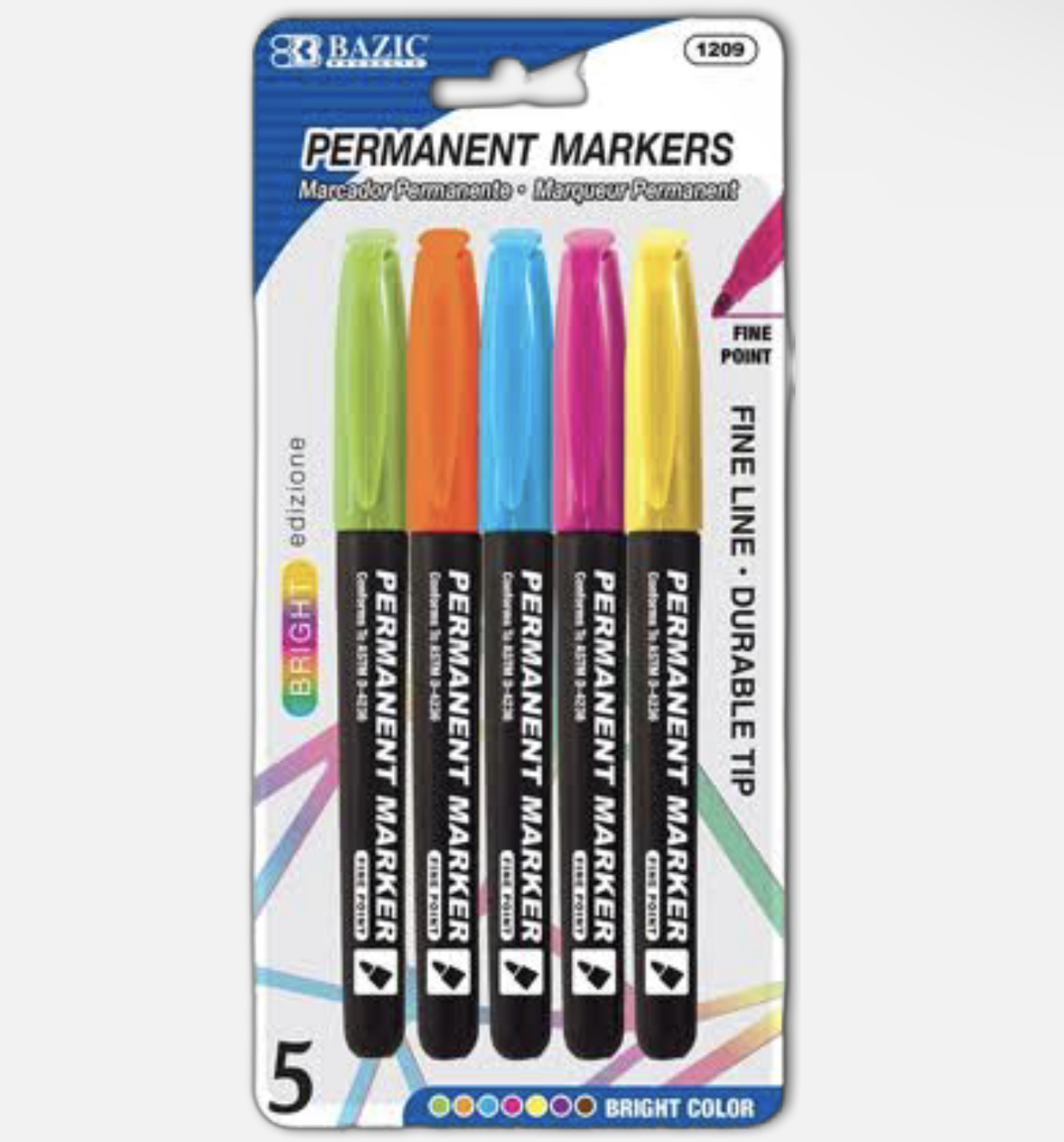 Bright Colors Fine Tip Permanent Markers w/ Pocket Clip (5/Pack)